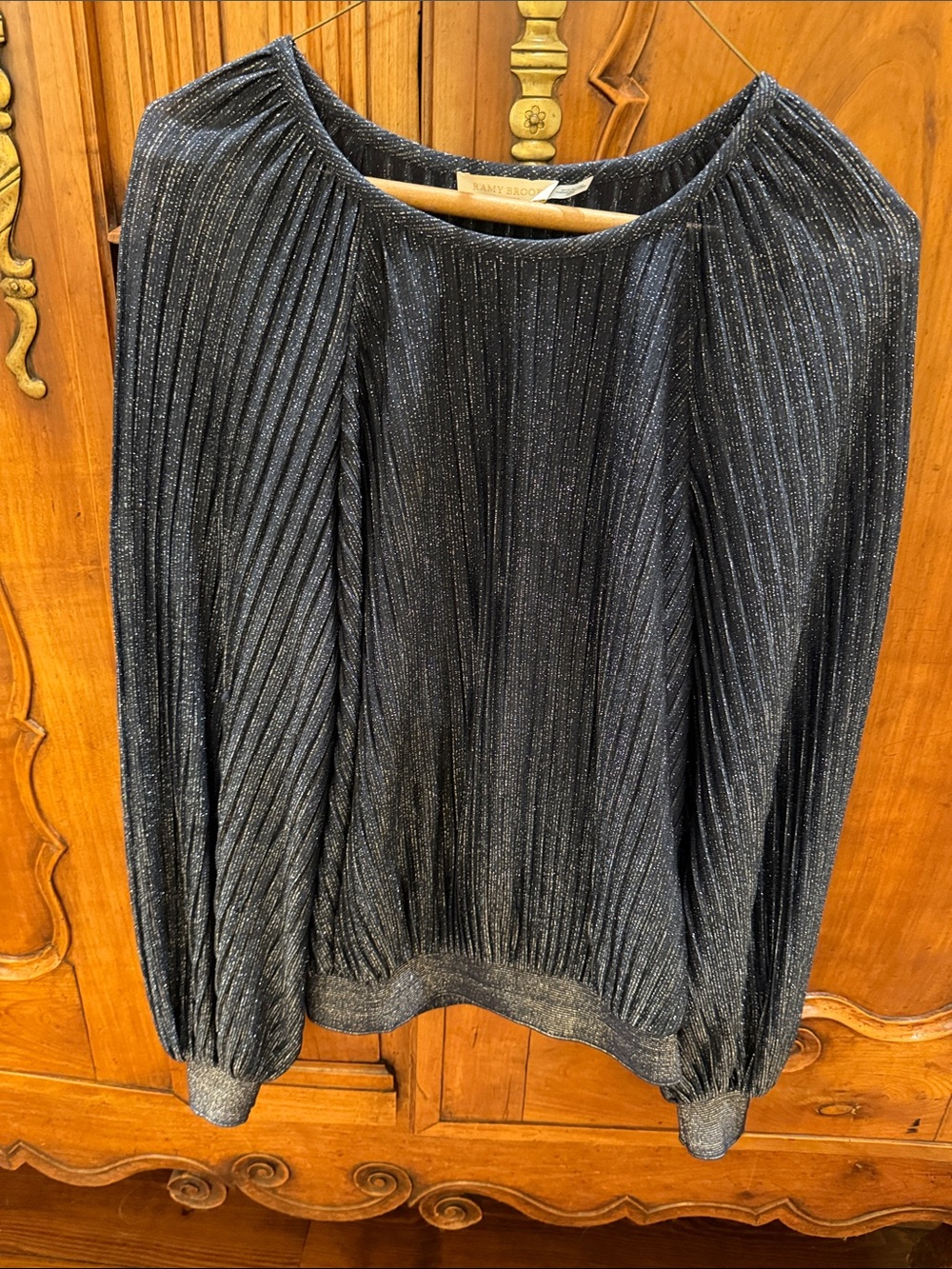 Ramy Brook Metallic Black Pleated Balloon-Sleeve Top